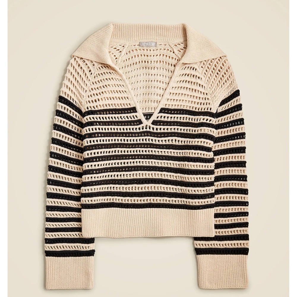 J.Crew Fisherman Nautical Striped Open Knit Sailor Polo Sweater Womens Medium